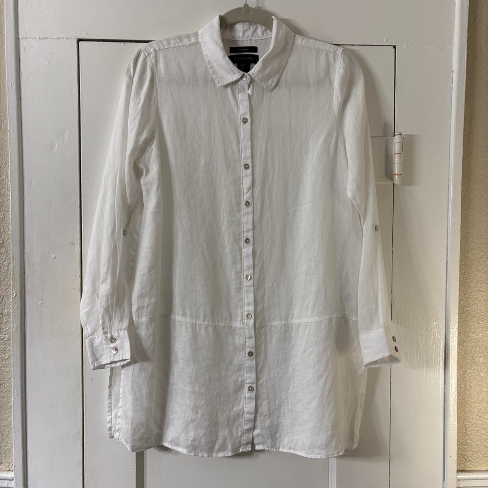 TAHARI 100% Linen White Button Down Shirt - Picture 13 of 14